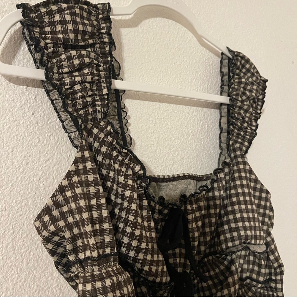 Cider Brown and White Womens Checkered Gingham Ruffle Blouse XL - Picture 4 of 9
